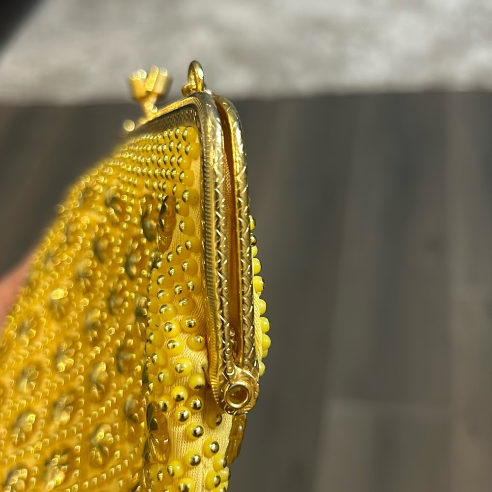 Vintage Handmade Yellow and Gold Beaded Evening Bag Made in Hong Kong - Picture 7 of 13
